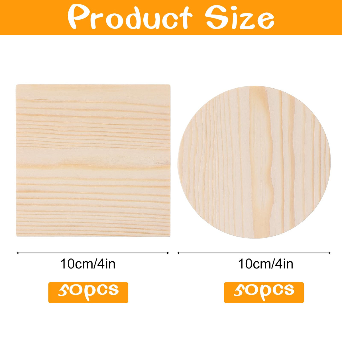 HJZHII 100 Pcs Unfinished Wood Coasters, 4 Inch Blank Wooden Coaster with Non Slip Foam Pad for DIY Stained Drawing Painting Wood Crafts Engraving Home Decoration Supplies(Round, Square)