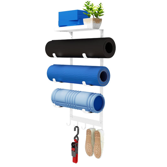 LSK Yoga Mat Holder Wall Mount, White Yoga Mats Storage Rack, Home Gym Storage with Metal Floating Shelf for Storing Fitness, Yoga Mat Rack with 5 Hooks for Hanging Foam Rollers and Resistance Bands