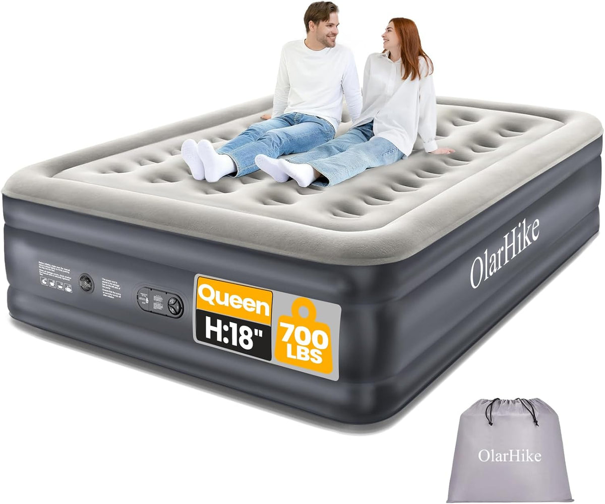 OlarHike Queen Air Mattress - Inflatable Bed with Built-In Pump | 18" Foldable Design for Home & Camping