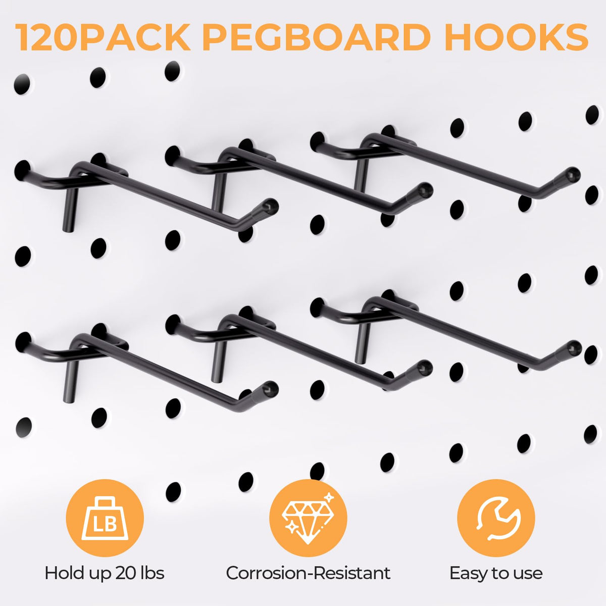INCLY 120 Pack Black Pegboard Hooks, 4/6/8 Inch Peg Board Shelving Hooks Accessories, Peg Board Tool Hangers Fit for 1/8“ and 1/4" Pegboard Hanging Tools for Garage, Craft Room, Kitchen, Store