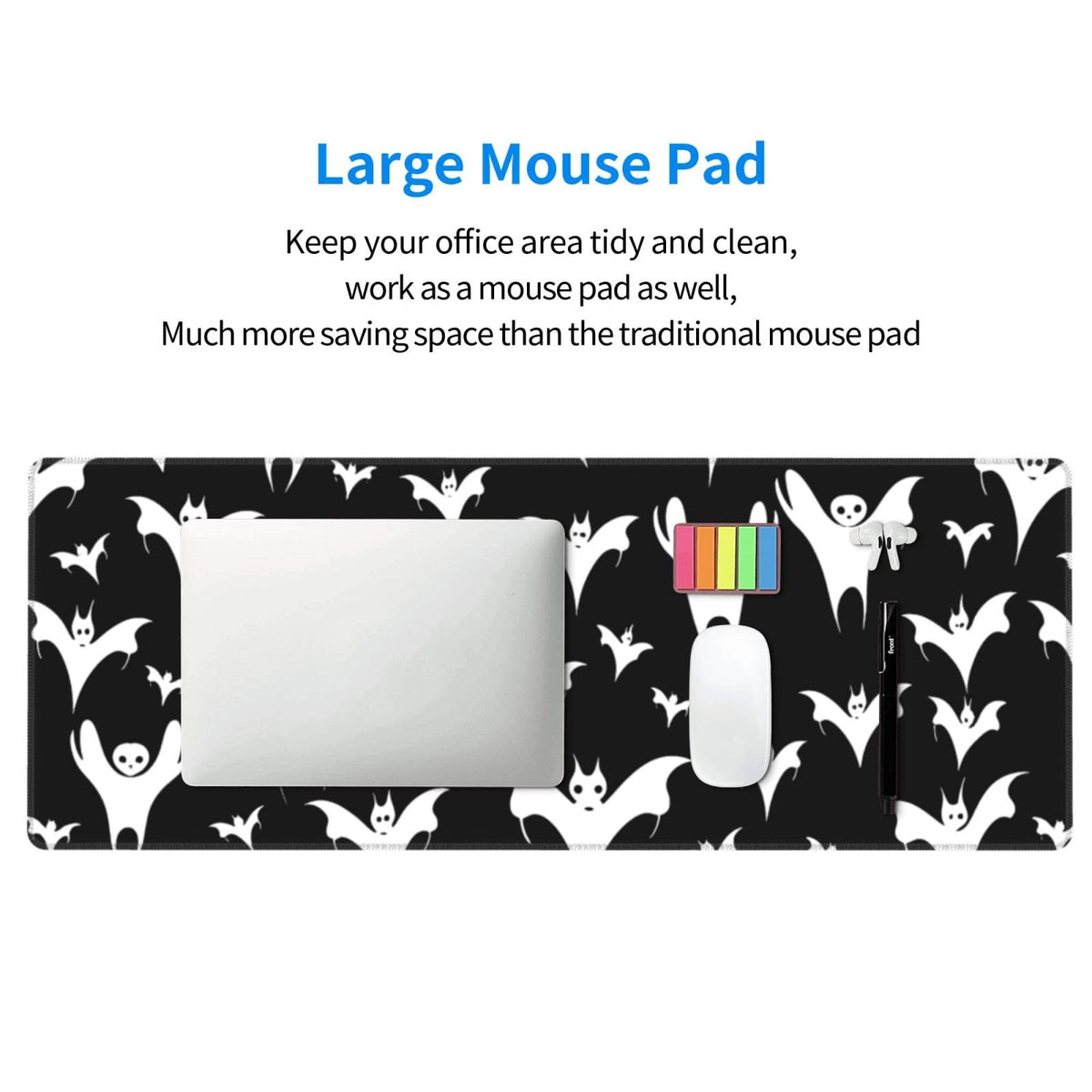 Halloween Goth Bats and Moon Gaming Mouse Pad, Large Non-Slip Rubber Base Mousepad XL 31.5x11.8in, Keyboard Mouse Mat, Desk Pad with Stitched Edges for Gamer Home&Office
