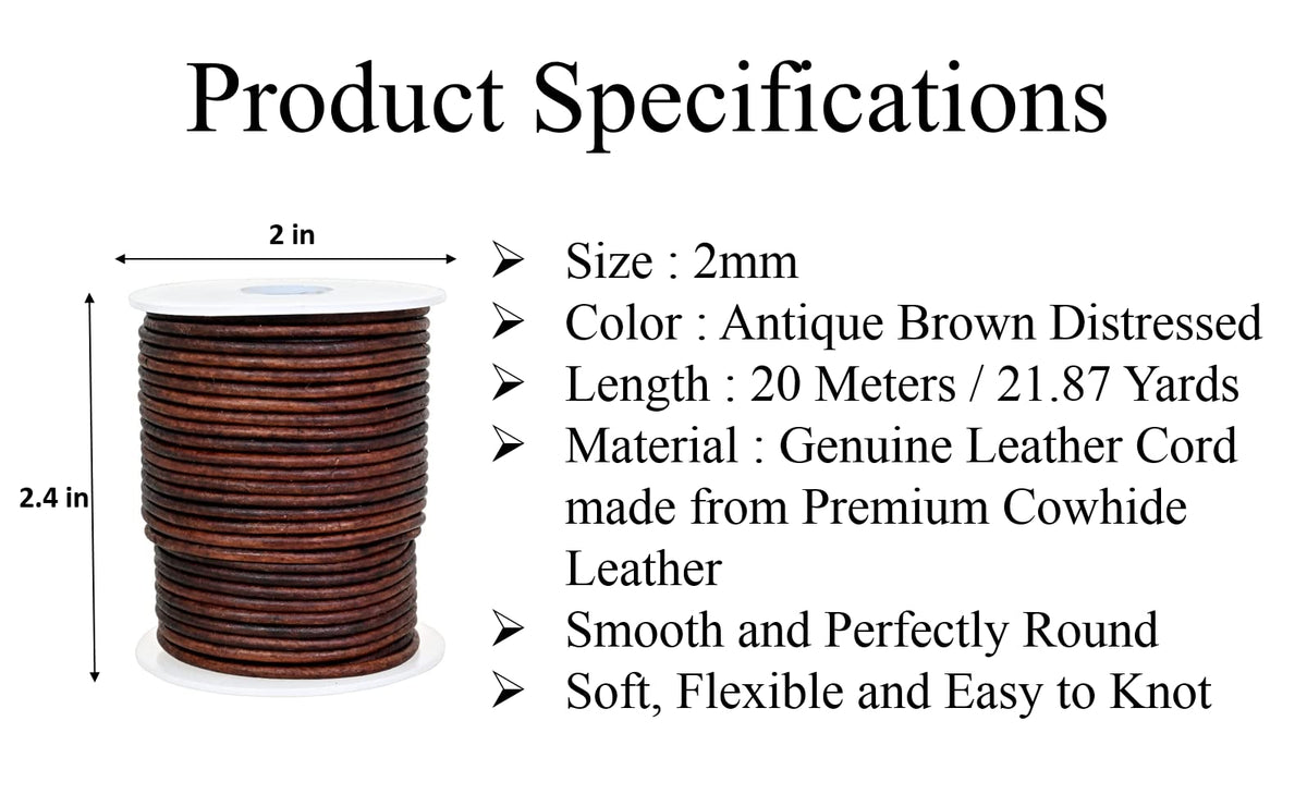 GENIQUE Real/Genuine Round Leather String Cord for Necklace, Bracelets, Jewellery, Braiding (2mm, Antique Brown Distressed)