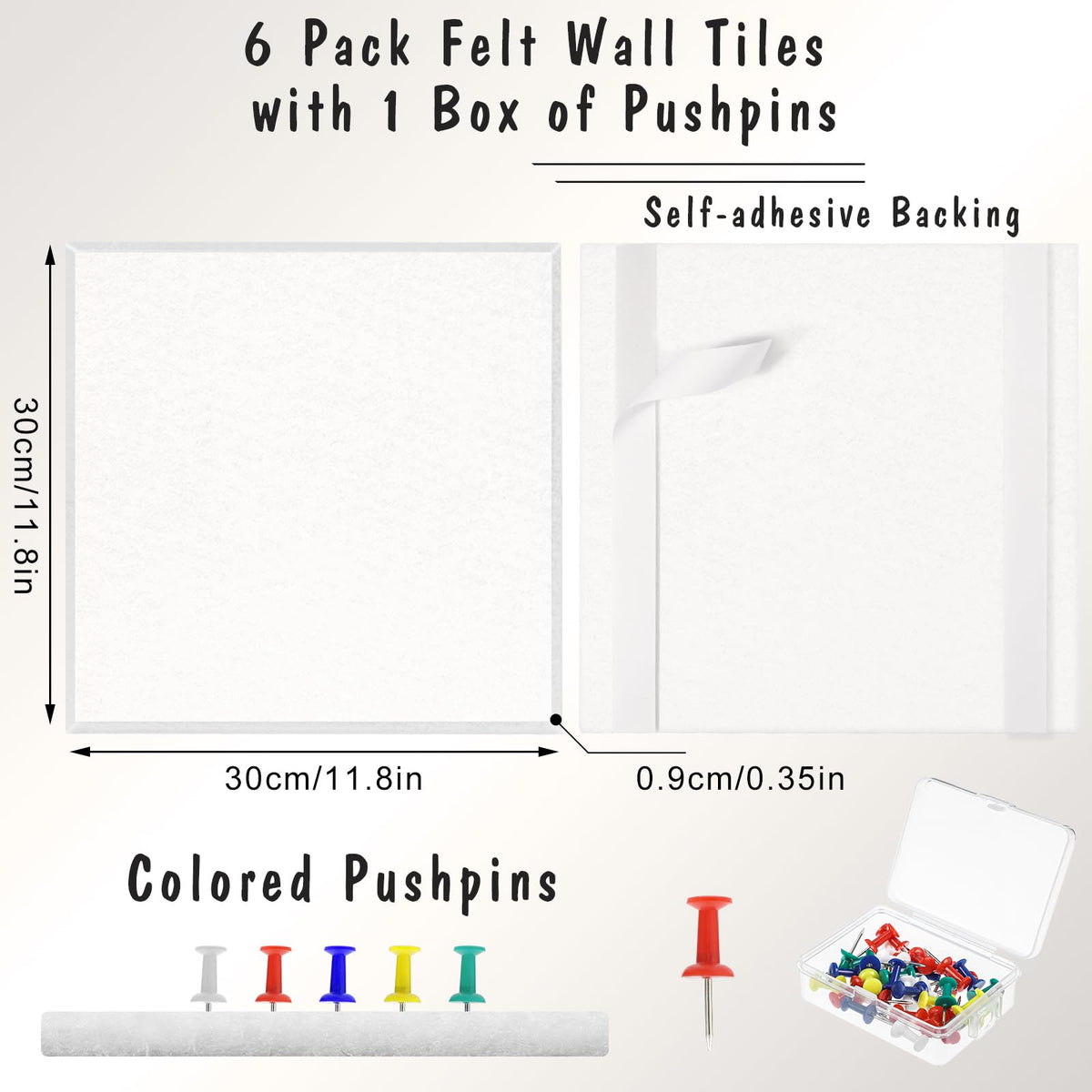 Thboxes Large Cork Board 36" x 24", 6 Pack Felt Bulletin Board with 30 Pushpins, Cork Boards Alternative with Self-Adhesive Strips, Felt Wall Tiles Pin Board for Wall Office Home School Decor-White