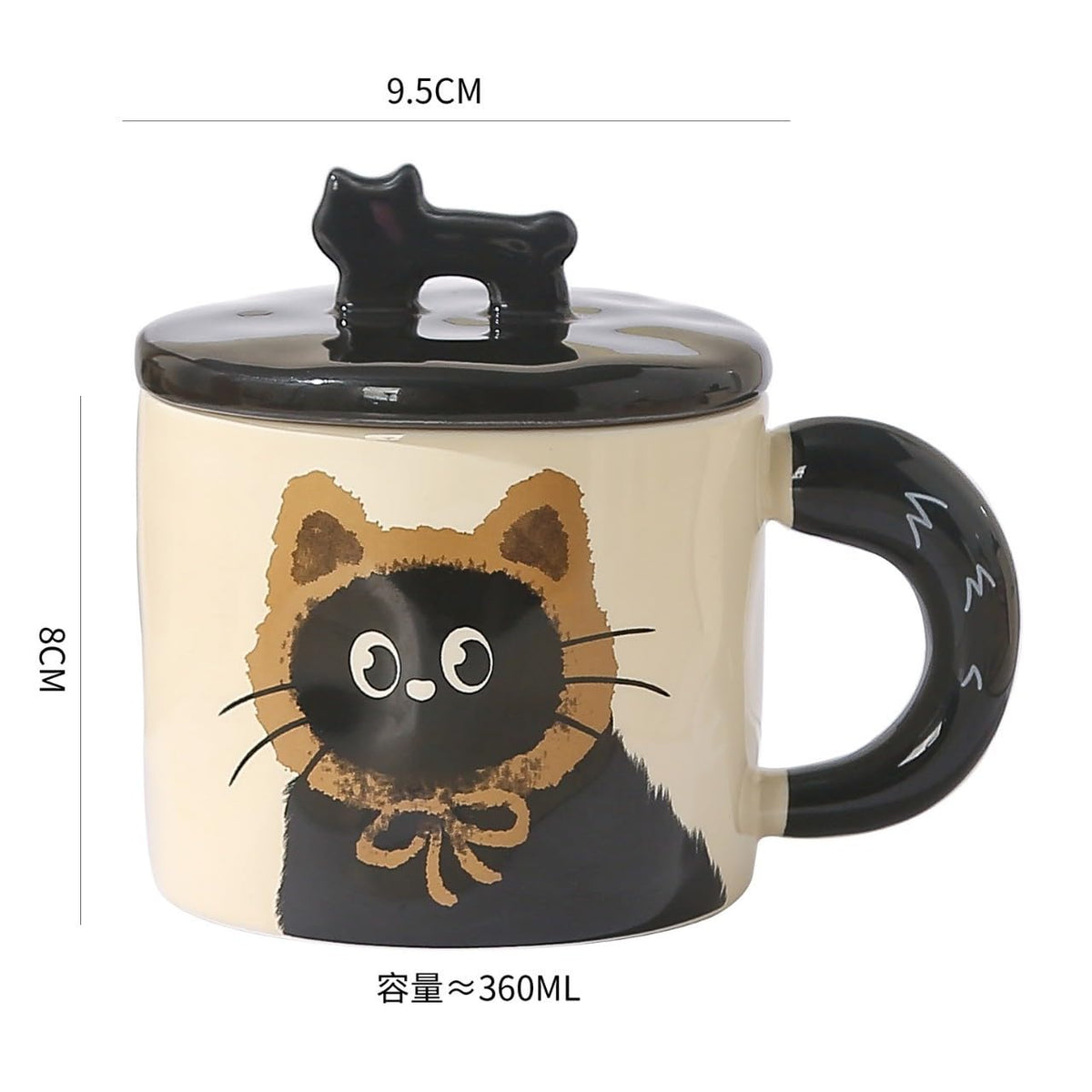 BONTOUJOUR Super Cute Black Cat Coffee Mug, Creative Funny Novelty Lovely Kawai Wearing Scarf Happy Tea Cup+ Kitty lid, Lover Couple Best Friend Friendship Valentine Water Cup, Cat Lover Gift -Blue
