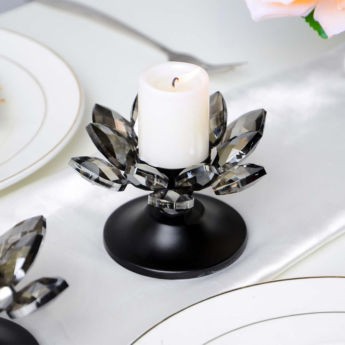 2 PCS Black Crystal Flower Tea Light Holder, Glass Tealight Candlestick with Metal Base, Votive Candle for Table Centerpiece, Wedding/Parties Decor, Nice Gift