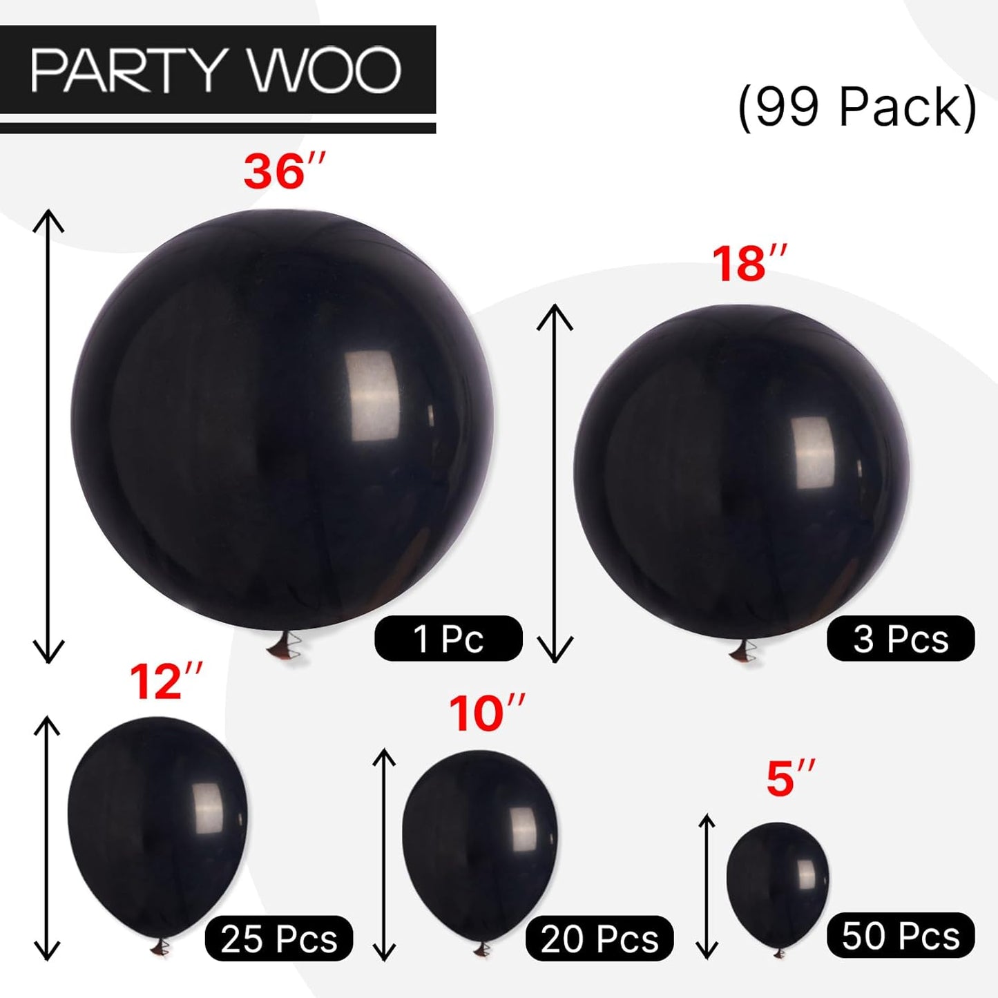 PartyWoo Black Balloons - 99-Piece Arch Kit with Various Sizes for Baby Showers, Birthdays & Anniversaries
