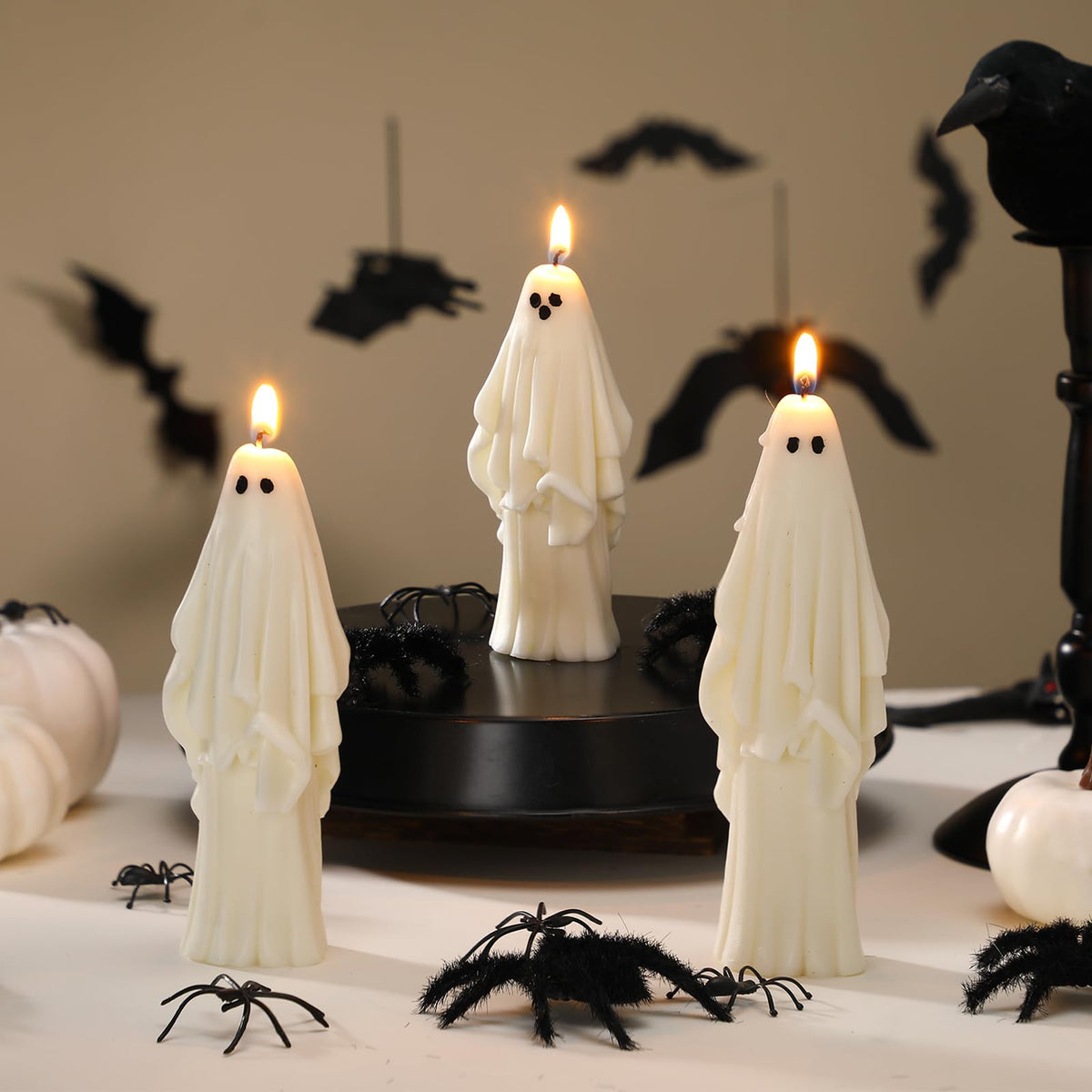 Nuanchu 3 Pcs Halloween Ghost Decor Ghost Candles Gothic Decoration Indoor Gift for Mantel Halloween Table Centerpiece Cute Goth Taper Candle Spooky Tabletop Novelty Party Favor Basket Stuffer