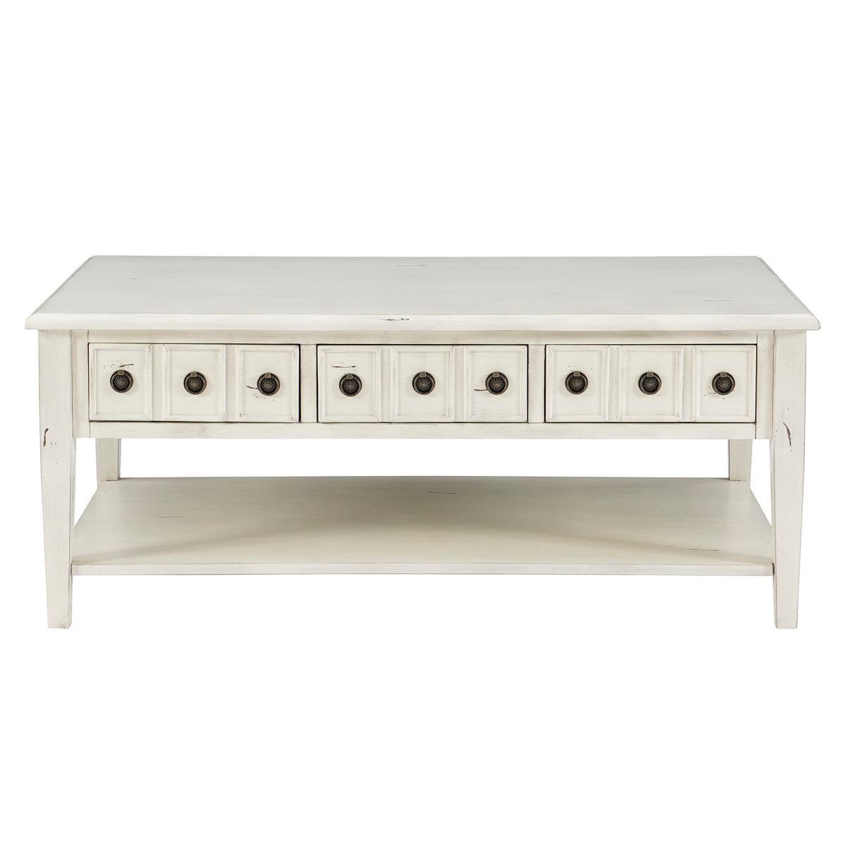 Powell Kelly Cream Coffee Table with Three Pull Thru Drawers and Open Shelf