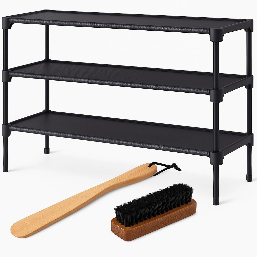 Non-Woven Shoe Rack by [Brand Name] - Stackable 3-Tier Organizer for Closet, Entryway & Garage - Black