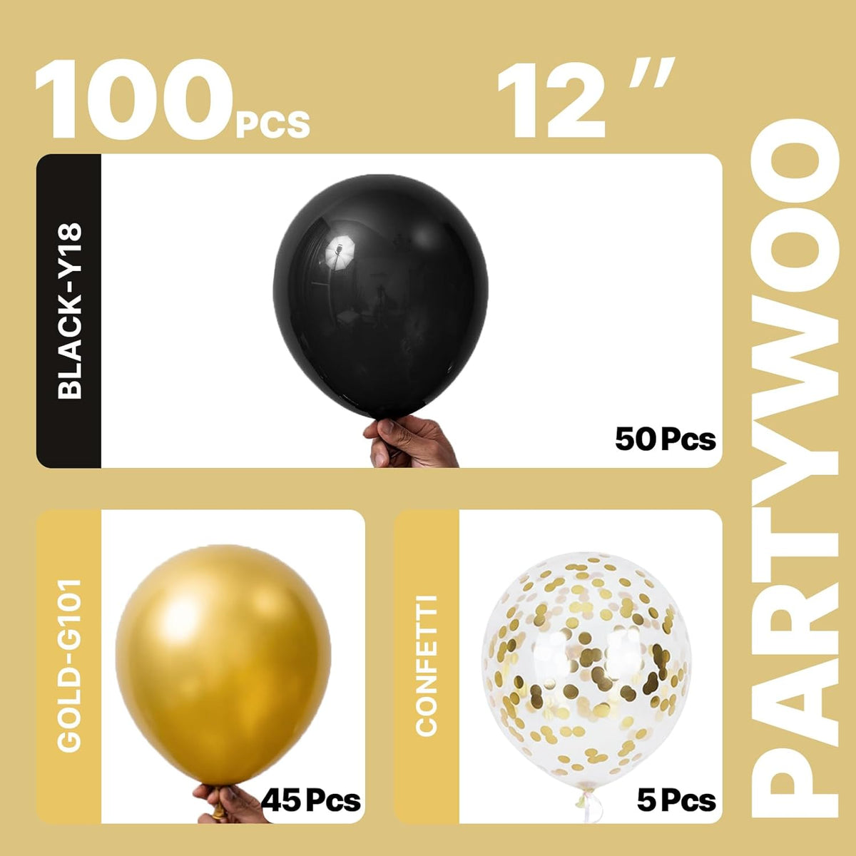 PartyWoo Gold and Black Balloons - 100pcs 12-Inch Metallic Balloons for Celebrations & Events