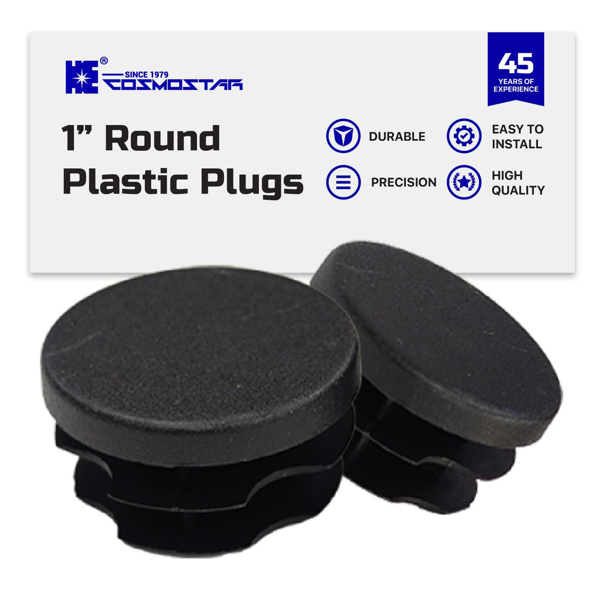 Cosmostar Outer Diameter 1" (25.4 mm) Round Plastic Plugs – Fits 0.85"–0.92" ID Tubes – Black End Caps, 10 Pack