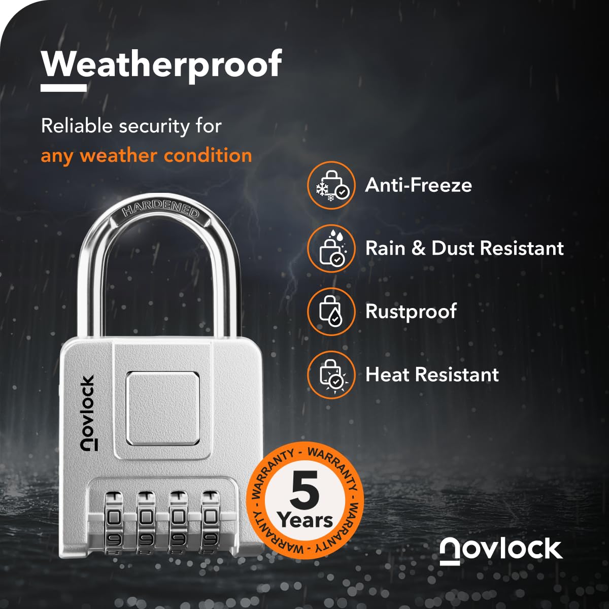 NOVLOCK Combination Lock for Outdoor & Indoor | Heavy Duty, Weatherproof, 4-Digit Security | Padlock for Lockers, Gates, Fences, Sheds, Storage | 1-Pack, Silver