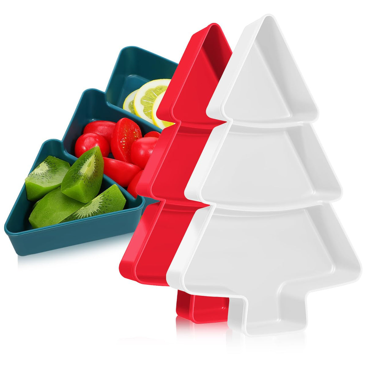 DEARMAMY Christmas Tree Snack Tray Set of 3 - Red Green White Plastic Divided Serving Plates for Holiday Parties, Candy, Nuts, Fruits, And Appetizers, Christmas Tree Shaped Platters for Entertaining