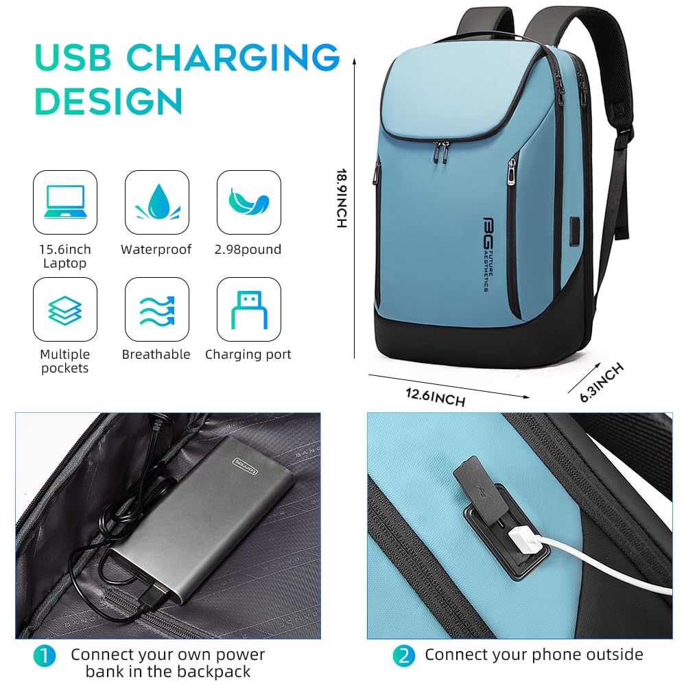 BANGE Business Smart Backpack Waterproof fit 15.6 Inch Laptop Backpack with USB Charging Port,Travel Durable Backpack (Light Blue(three Pocket), Medium)