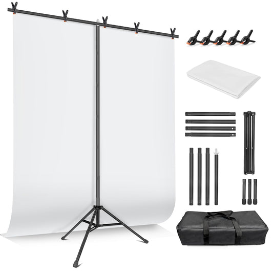 White Backdrop with Stand for Photoshoot, 5X6.5ft White Photo Backdrop with T Shape Background Backdrop Stand for Photography, Portable Photo Backdrop Curtain Stand Kit w Carrying Bag 5 Spring Clamps