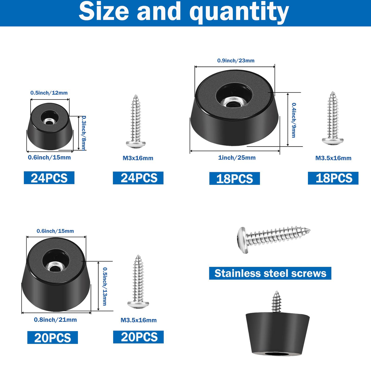 Sunxeke 124Pcs Rubber Feet for Cutting Board with Stainless Washer Screws Assortment Kit,3 Sizes (0.6inch, 0.8inch, 1inch),Non Slip Rubber Bumper Feet for Furniture, Cabinets, Electronics