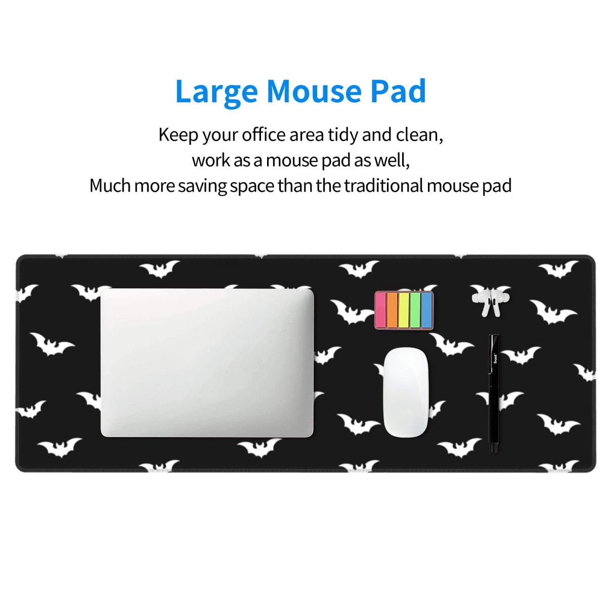 Extended Gaming Mouse Pad with Stitched Edges, Black White Halloween Bats Large Desk pad Long XL Keyboard and Mouse Pad Desk Mat for Gaming Office & Home, 31.5x11.8 in