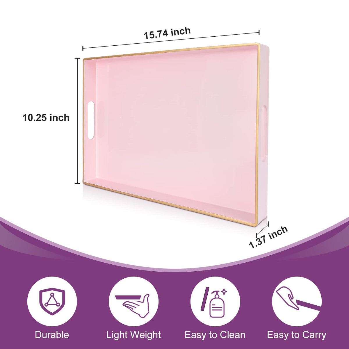 Gifturbo Pink Serving Trays,Decorative Serving Tray with Handles, Coffee Table Rectangular Trays Plastic Tray for Ottoman Bathroom,Living Room, 15.7” x 10.2” x1.37”