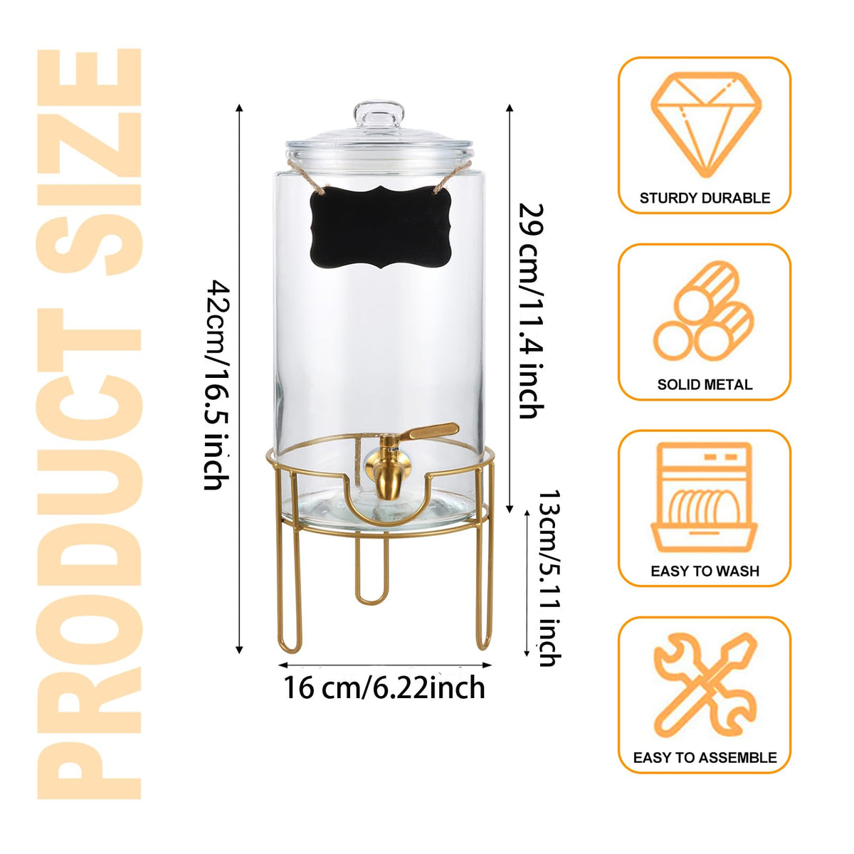 Drink Dispensers for Parties 1 Gallon, Bevarage Dispenser with Stand,Glass Drink Dispenser With Stainless Steel Spigot + Marker & Chalkboard, Ideal for Lemonade,Juice, Tea, and Party Drinks