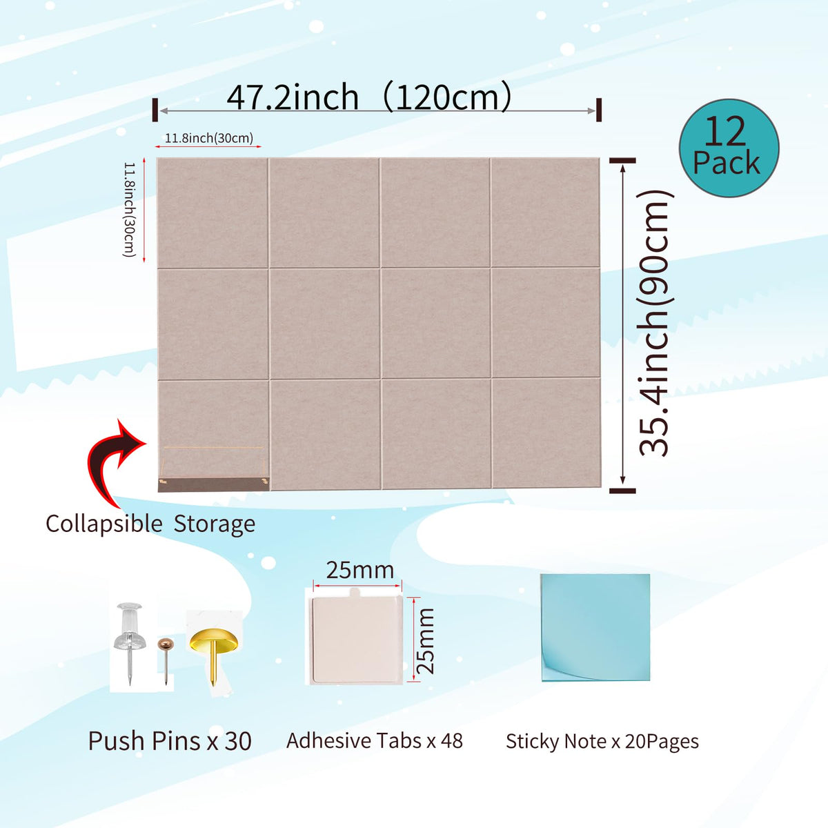 12 Pack Bulletin Boards 48" x 36" Alternative Cork Board for Office,Built-in Storage Device，Large Cork Boards for Walls ， Felt Wall Tiles, Contains Removable Security Stickers and PushPins (F-Beige)