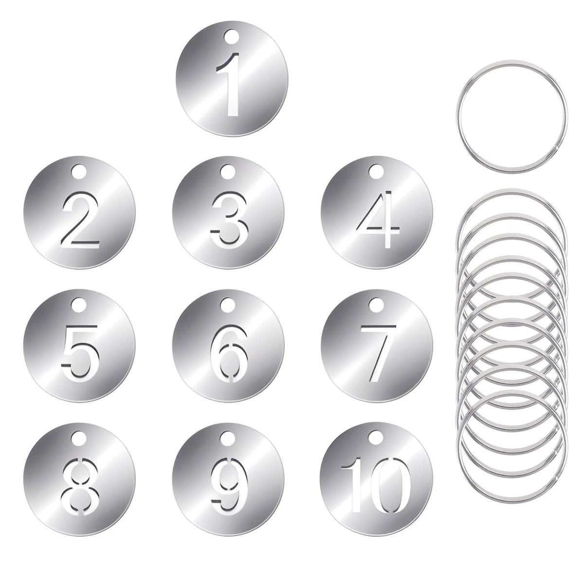 CenterZ Number Tags, Polished Stainless Steel 1 to 10 Numbered Key Tags with 10pcs Metal Split Ring (0.91 inch Diameter 0.04 inch Thick, Lightweight Hollow Numbers Round Keys ID Tag, Key Chain Labels)