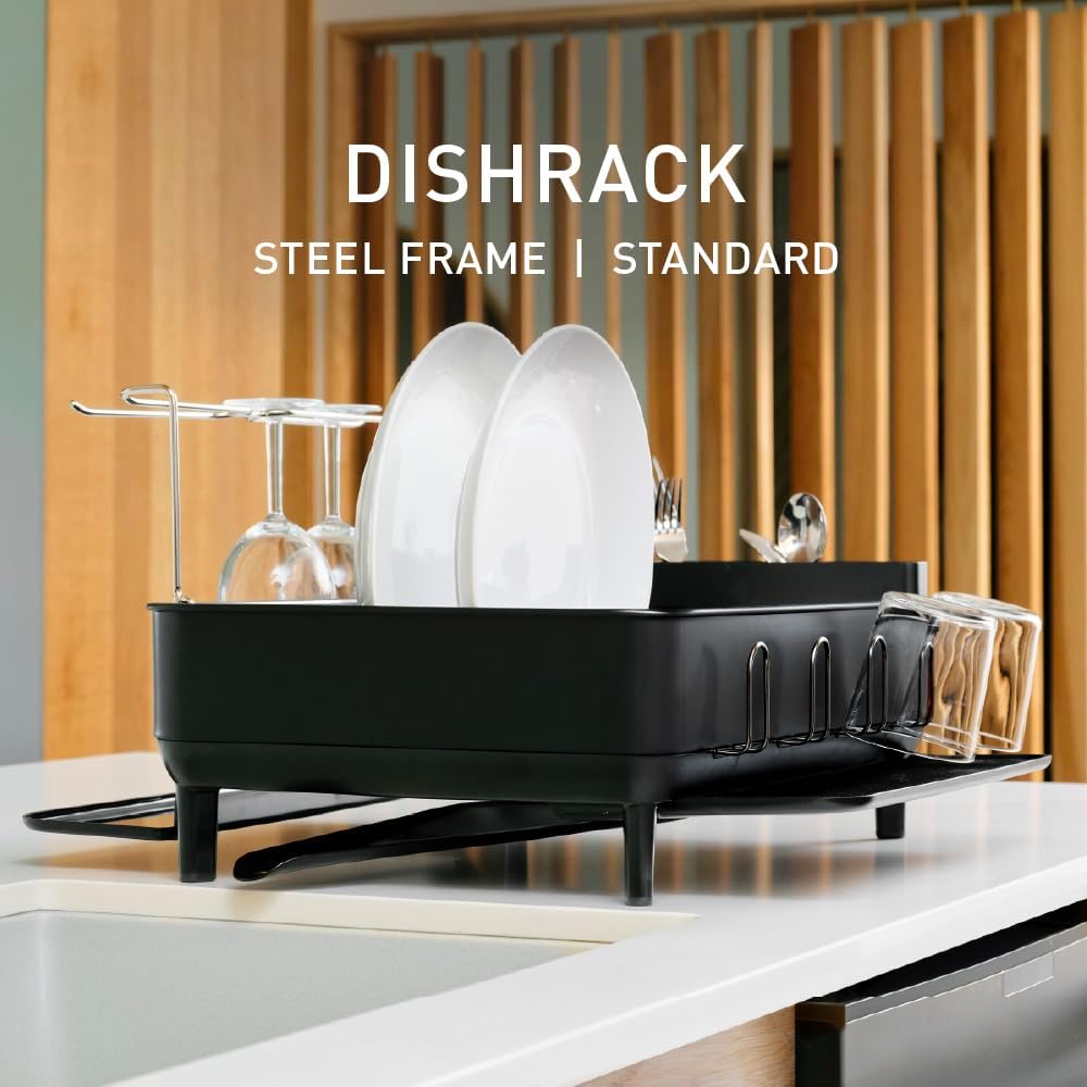 simplehuman Large Capacity Dish Drying Rack - Stainless Steel Frame, 360º Swivel Spout, Matte Black