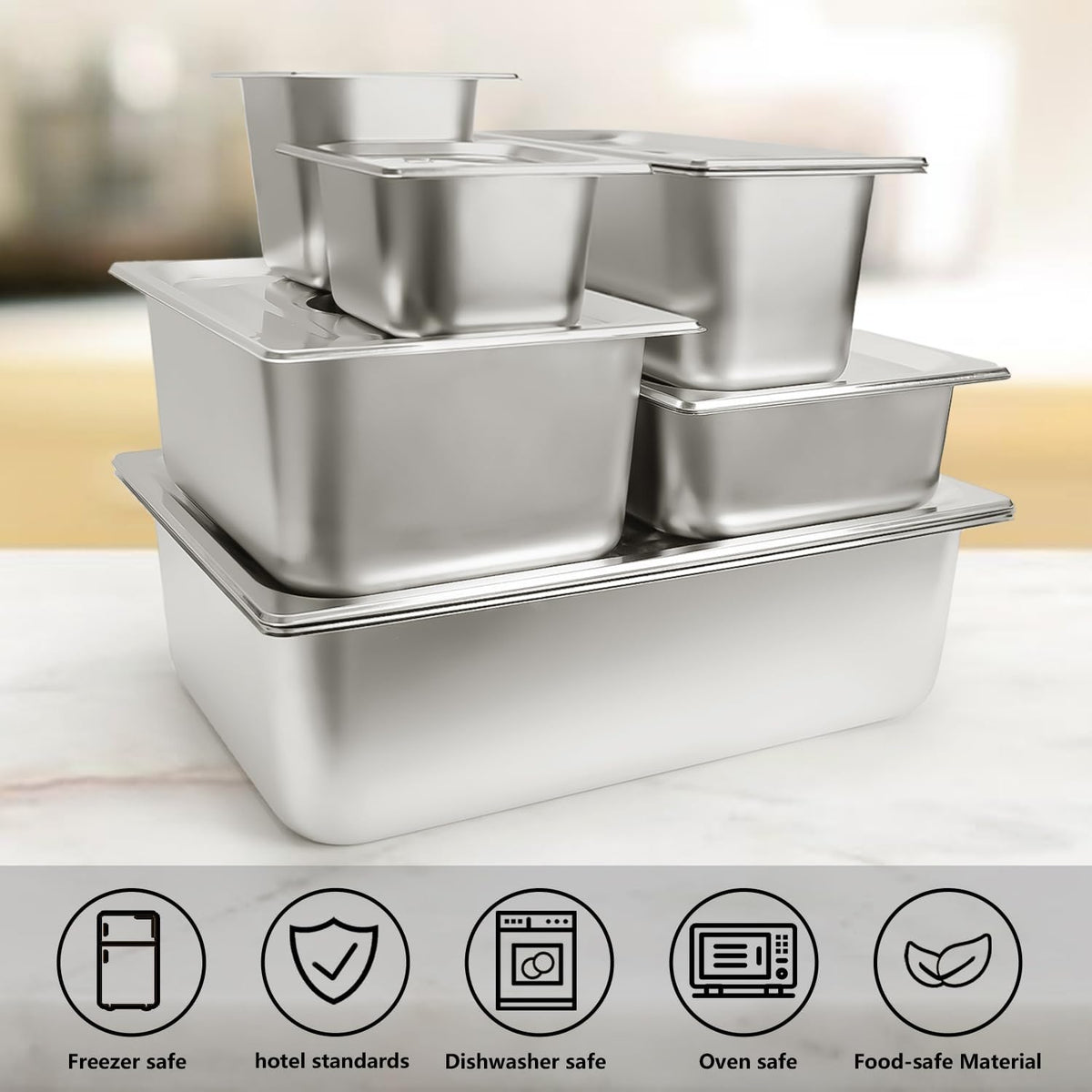 Skiennix 6-Piece Stainless Steel Hotel Pans - 1/2 Size, 2.5-Inch Deep with Lids for Catering & Food Storage