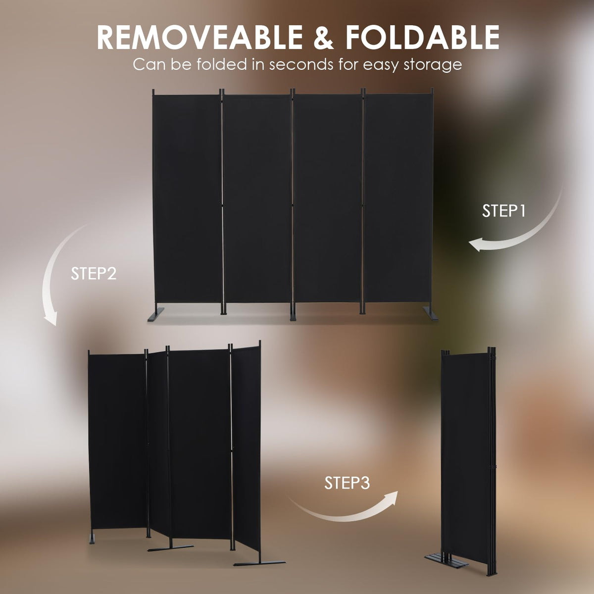 RANTILA 4 Panel Room Divider, 6 FT Folding Privacy Screen with Wide Feet, Freestanding Partition for Room Separation, Portable Room Divider Panel, 89" W x 71" H, Black
