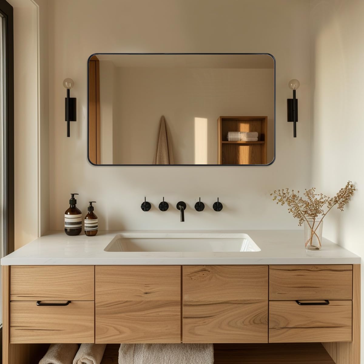 ANDY STAR 30”x48” Black Bathroom Mirror, Wall Mirror for Bathroom, Rounded Rectangle Mirror in Premium Stainless Steel Metal Frame Hangs Horizontal Or Vertical (Matte Black)