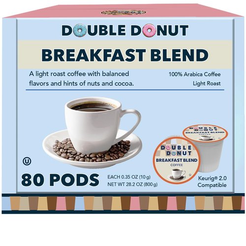 Double Donut Coffee - Breakfast Blend Light Roast Pods | 80 Recyclable Single-Serve Pods for Keurig