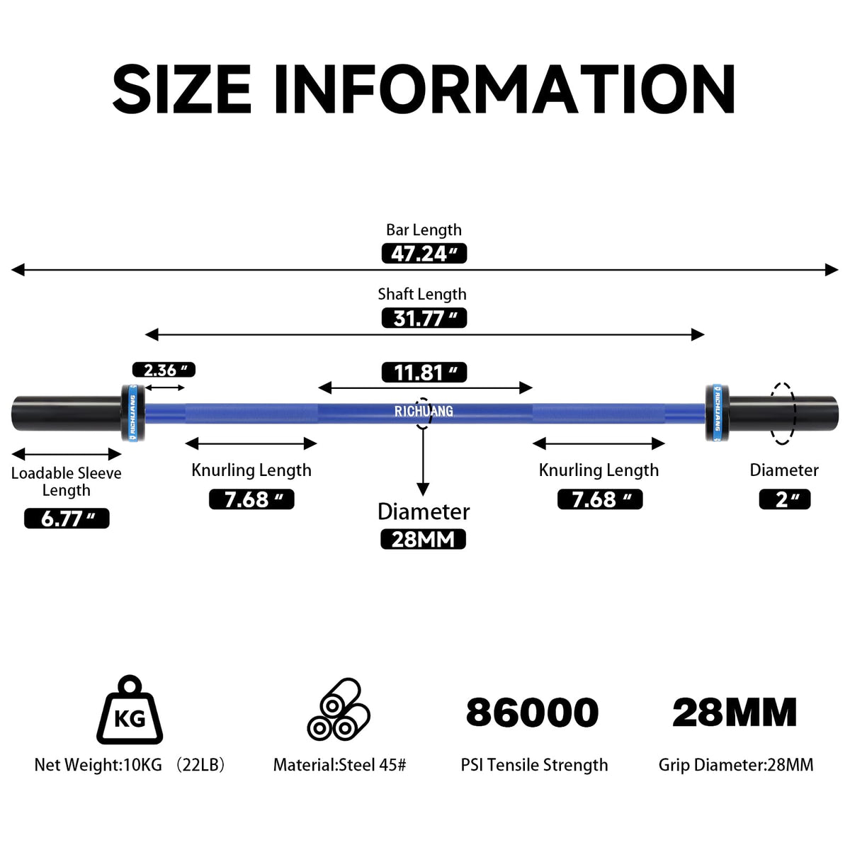 Olympic Barbell 4FT 22LB – 2" Weightlifting Bar for Home Gym Fitness, Squats, Deadlifts, Hip Thrusts, Bench Press, Strength Training – 400LB Capacity – Blue