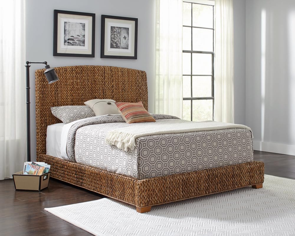 Coaster Home Furnishings Laughton Coastal Hand Woven Banana Leaf Bed Frame Eastern King Size Upholstered Panel Bed Amber Brown 300501KE