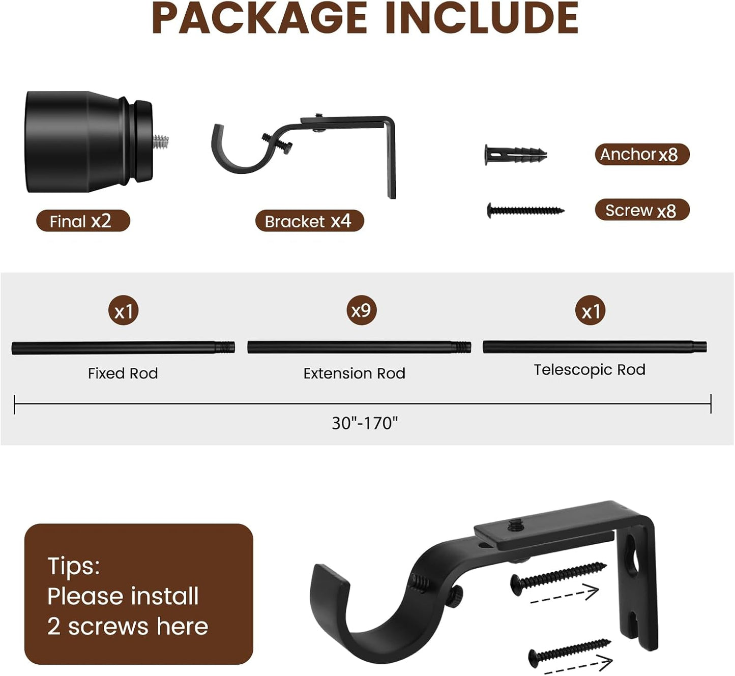 Skiennix 1” Diameter Adjustable Curtain Rod - Heavy Duty Matte Black, Fits 30-170 Inch Windows