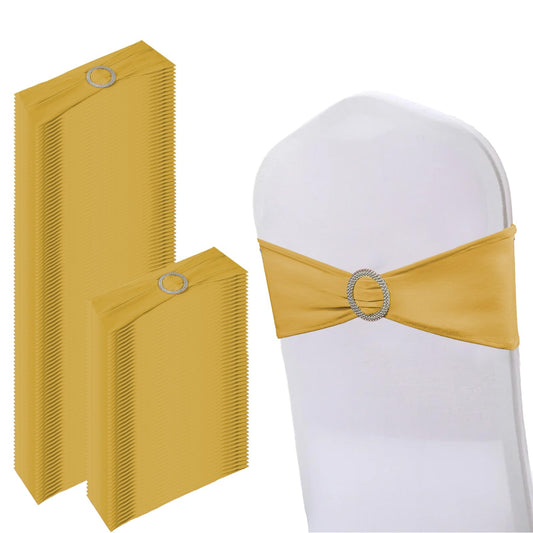 150 Pack Spandex Stretch Chair Sashes Bows, Elastic Stretch Chair Cover Bands Ties with Buckle Slider for Wedding Party Ceremony Reception Event Banquet Decoration (Gold)