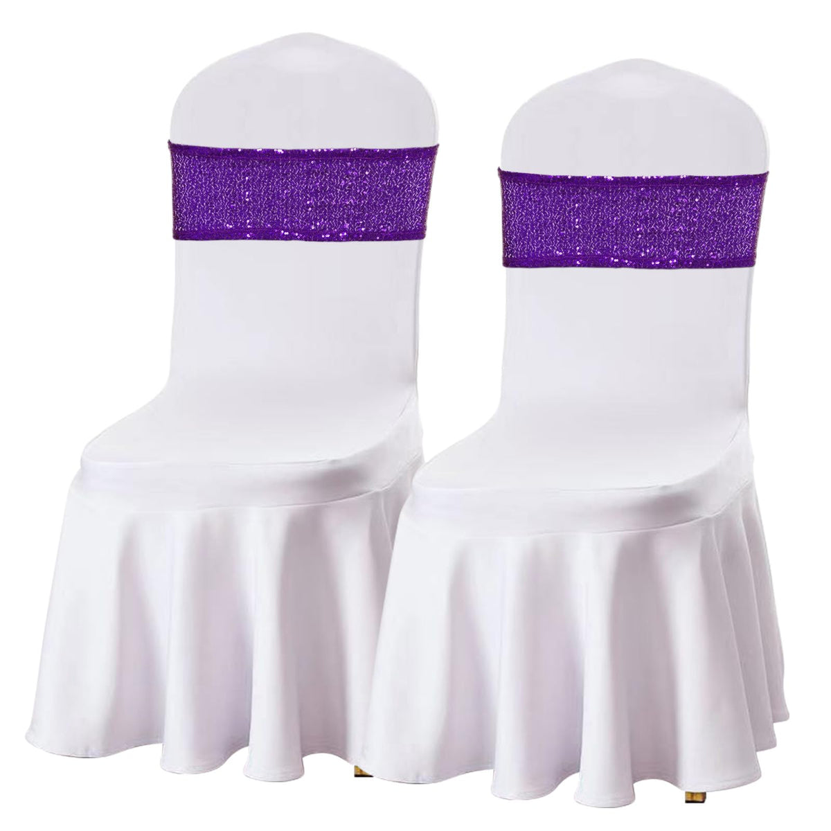 SquarePie Sequin Chair Sashes Bows 10 Pack Purple Shiny Chair Cover Bands for Wedding Banquet Party Decor