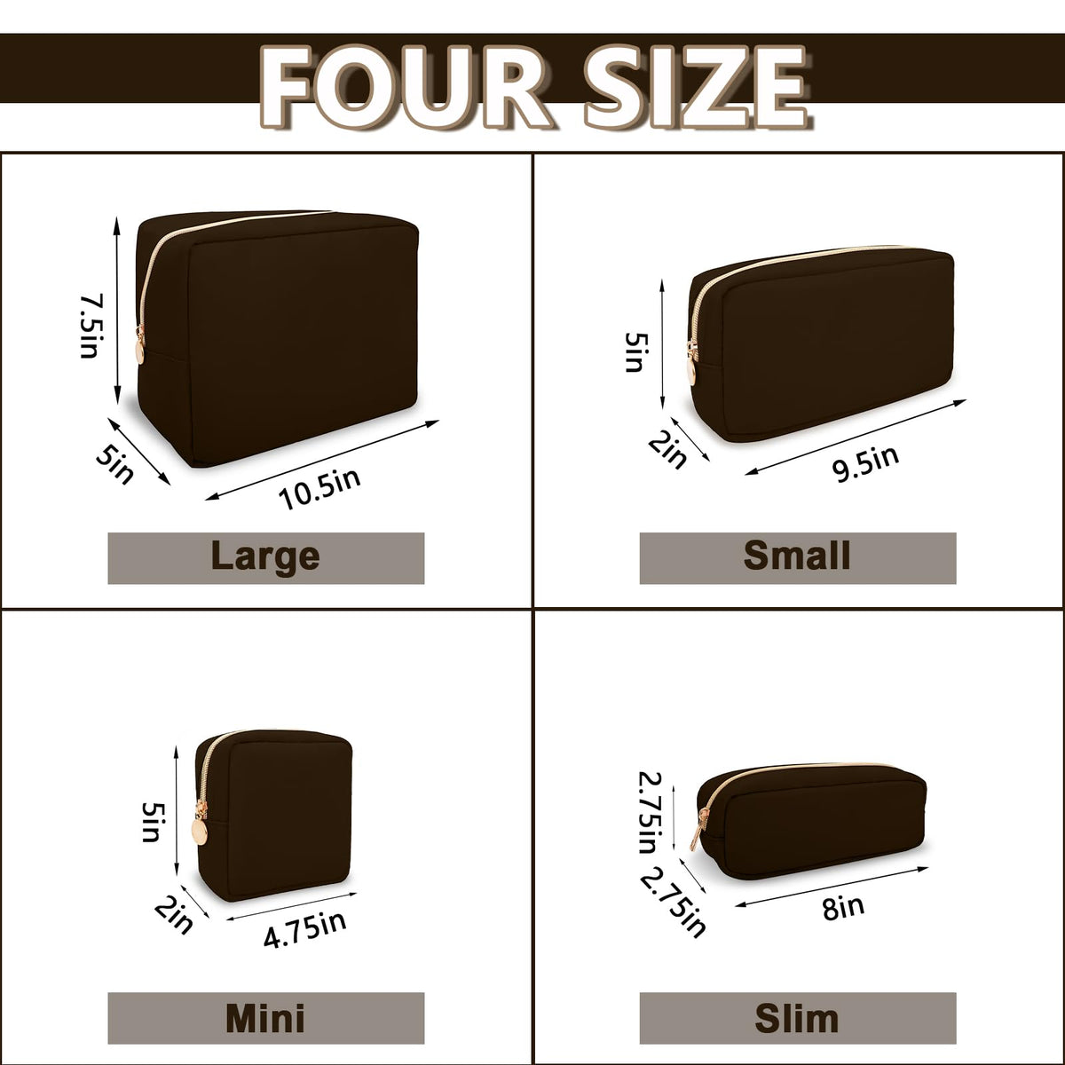 Small Pencil Case Makeup Bag for Purse, Cute Pencil Pouch Preppy Nylon Makeup Brush Bag with Zipper , Girls Portable Stationery Storage Case Small Pen Bag for Office School College(Slim-Chocolate)