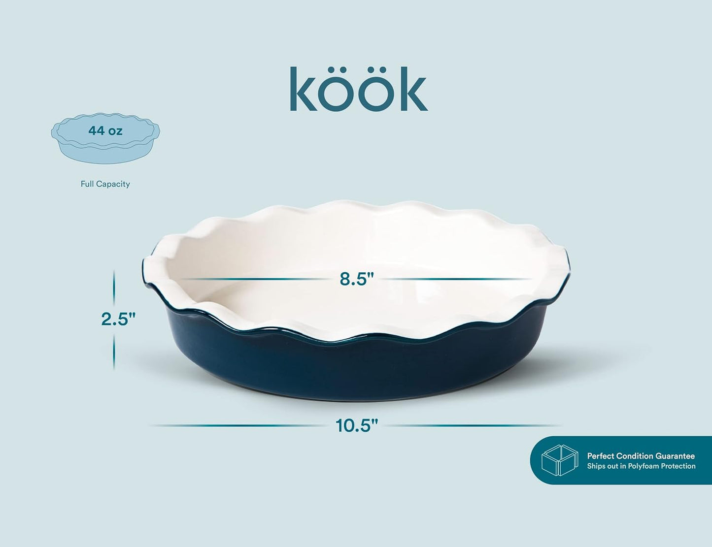 KooK Deep Dish Pie Plate - 10 Inch Porcelain Ceramic Dish with Ruffled Edge | Oven & Dishwasher Safe, Navy