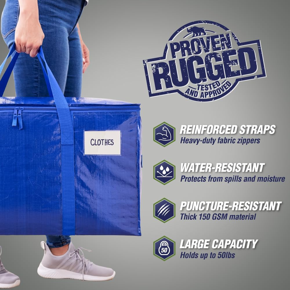 RUGGED RHINO Heavy Duty Extra Large Moving Bags - Durable Blue Storage Solution with Zipper & Strong Handles | 2 Pack
