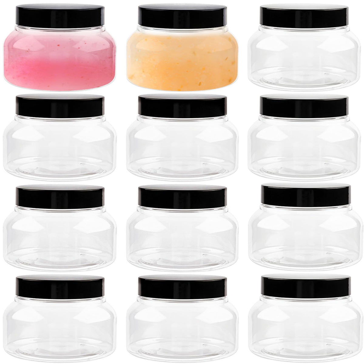 TUZAZO 8 Oz Premium Plastic Tuscany Jars with Lids BPA Free, 12 Pack Empty Sugar Scrub Containers, Round Clear Cosmetic Containers for Body Butter, Lotion, Cream, Gel, Beauty Product