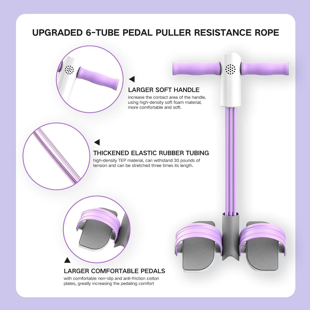 Smart Foot Pedal Puller with Digital Counter and Handles, 6-Tube Resistance Band for Yoga, Full Body Stretching, Home Workout-Purple