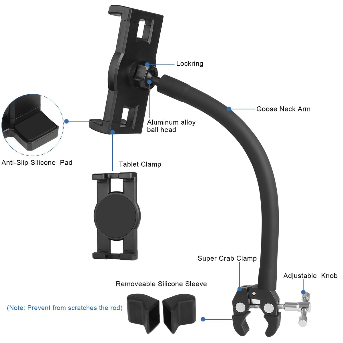 Mippko Tablet Holder for Treadmill/Elliptical/Spin Bike/Peloton/Indoor Cycle,Gooseneck Arm Super Crab Clamp Mount Compitable with 4.7~12.9" iPad/Nexus/LG G Pads/e-Reader/Switch/iPhone