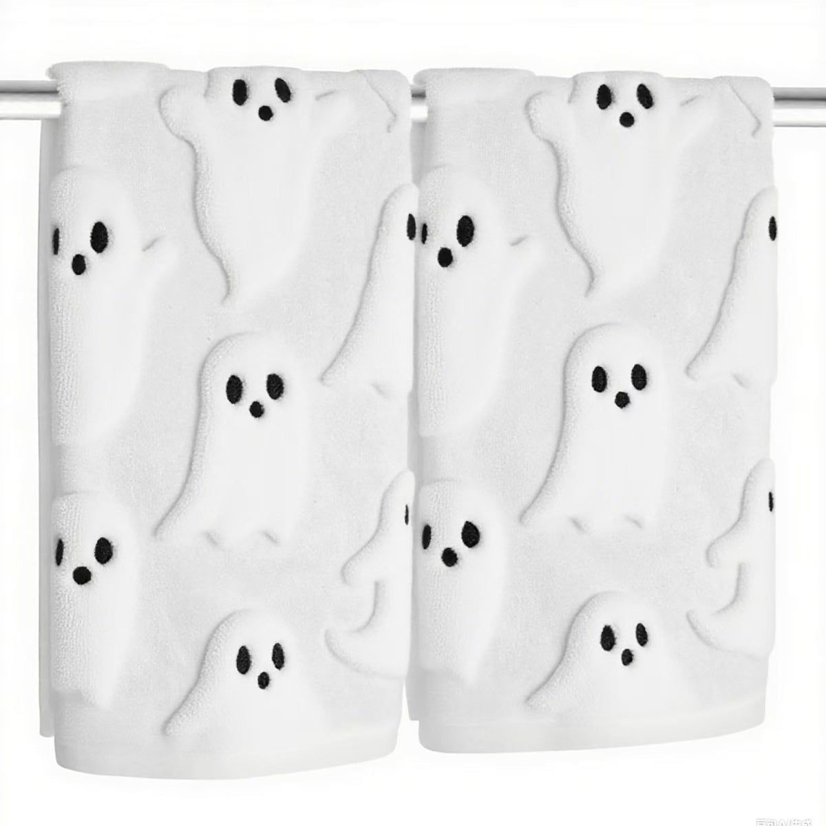 Xkdamai 2 Pack Halloween Hand Towels 100% Cotton Jacquard Ghost Halloween Kitchen Towels White Bathroom Towels Set Seasonal Bathroom Decor (White Ghost, Halloween)