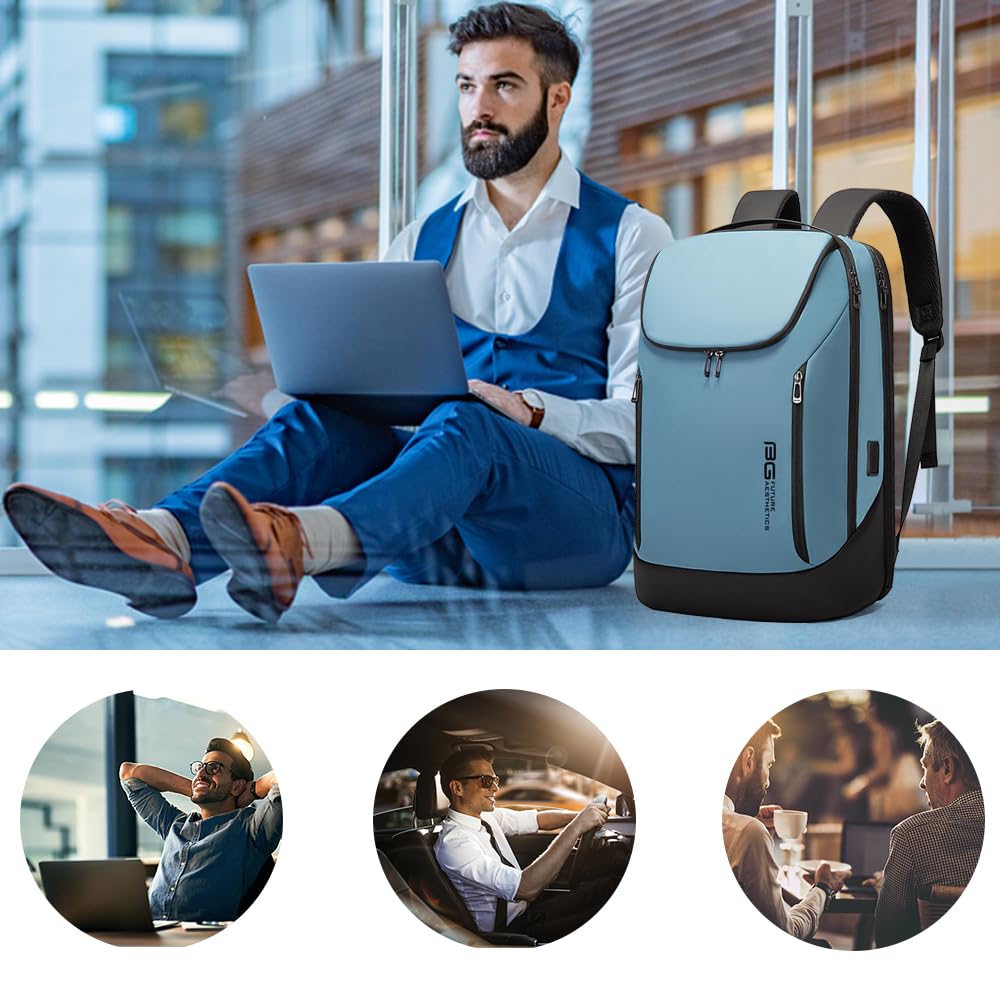 BANGE Business Smart Backpack Waterproof fit 15.6 Inch Laptop Backpack with USB Charging Port,Travel Durable Backpack (Light Blue(three Pocket), Medium)