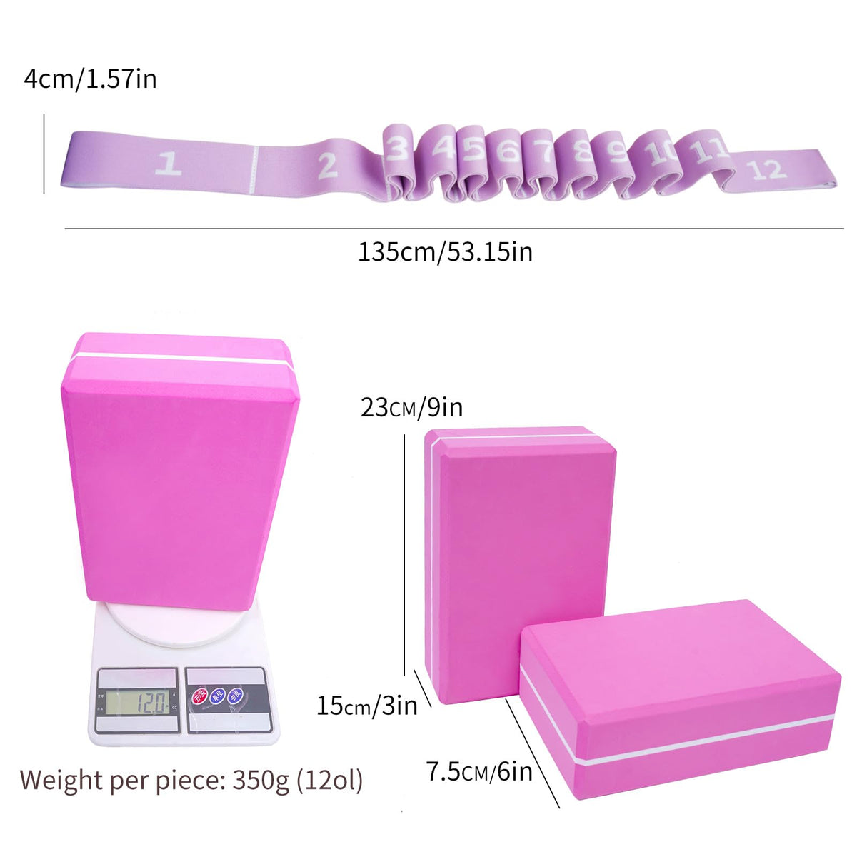 Yoga Blocks Set of 2 with 12 Loop Stretch Band and Carry Bag, Heavier High Density EVA Foam Yoga Blocks for Yoga, Pilates, Stretching, Flexibility Training, Ballet Warm Up, Dance and Home Workouts Set