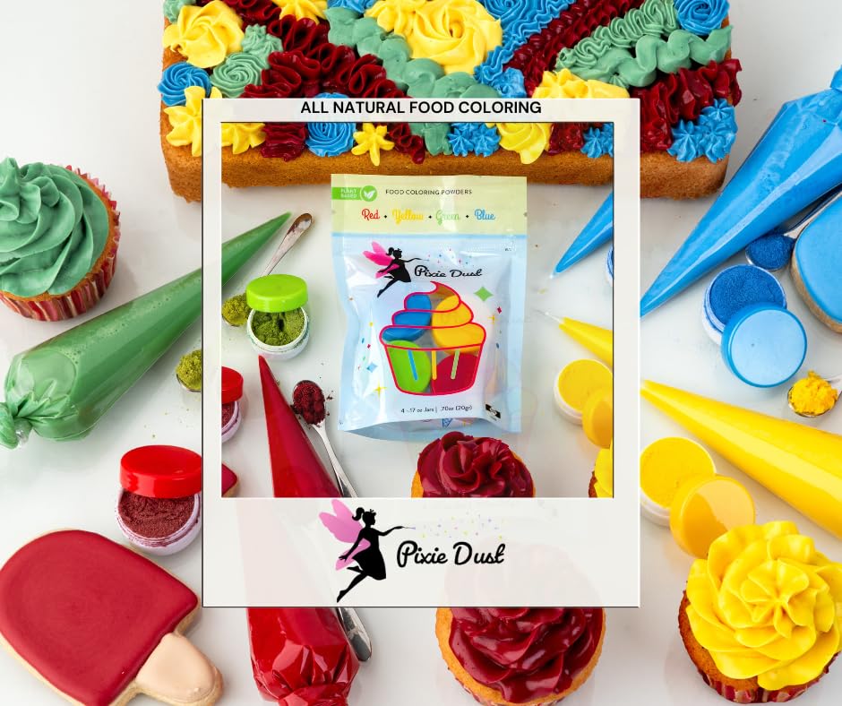 PIXIE DUST All-Natural Food Coloring Powder Set - Dye-Free, Plant-Based | 4 Colors for Baking & Drinks | 0.68 oz Total