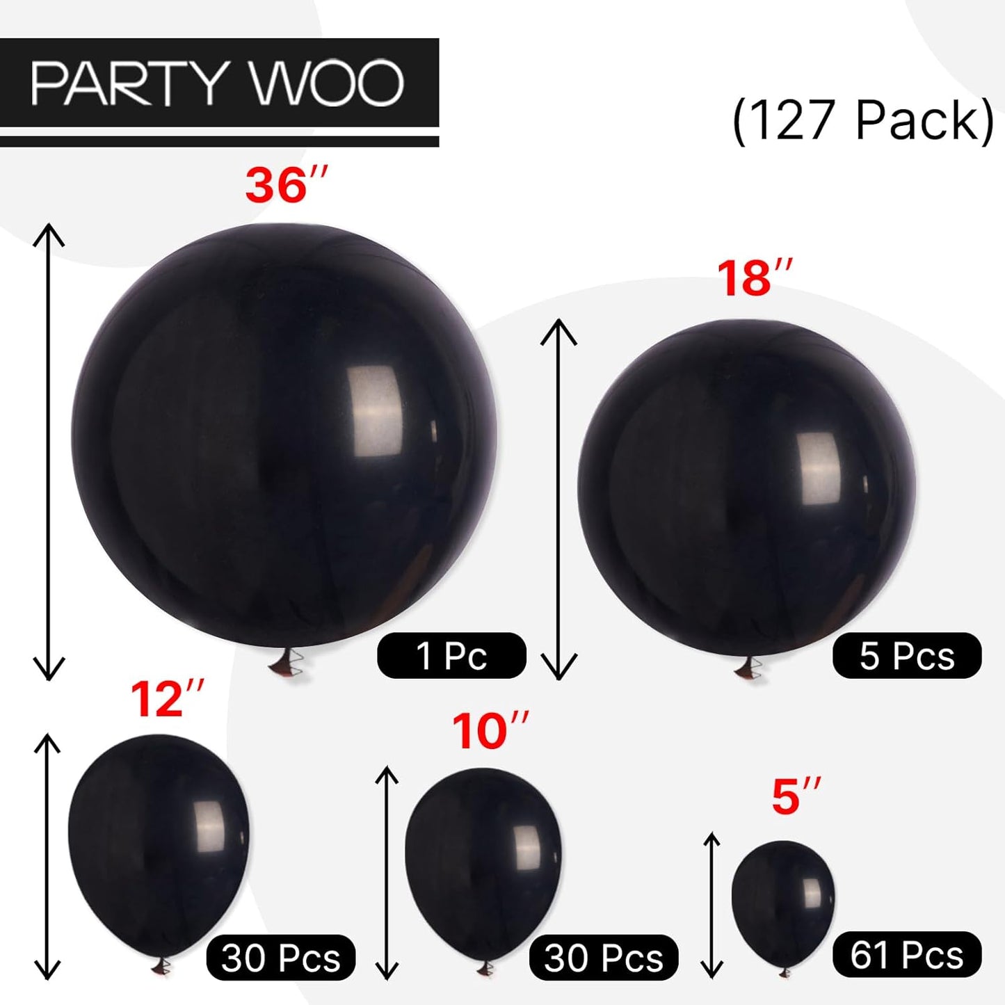 PartyWoo Black Balloons - 127-Piece Matte Latex Balloon Arch Kit for Graduation, Halloween & Birthday Decor | Various Sizes 5-18 Inch