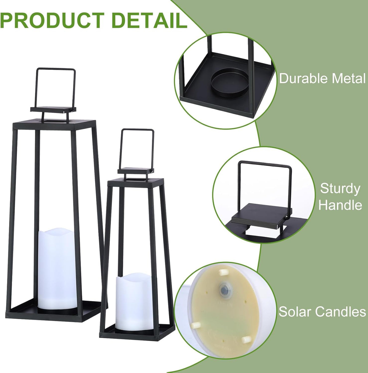 Skiennix Solar Lantern Set of 2 - Modern Black Metal Lanterns with Solar Candles for Outdoor Decor | 18” & 15”