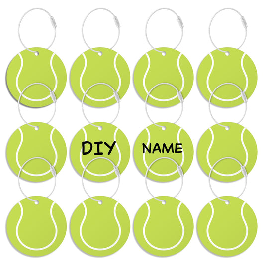 12Pcs Tennis Luggage Tags forTravel Suitcases Labels with Metal Ring 2.75in Tennis Keychain PVC Name Id and DIY Pocket Hug Card,Backpack Charms for Men Women Travel Bag Suitcase