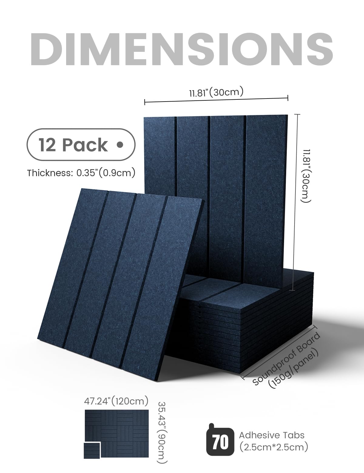Large Felt Bulletin Board 48" x 36" Cork Board Alternative-12 Pack with 70 Safe Removable Adhesive Tabs, Cork Boards for Walls Cork Board for Home Office Classroom Pin Board-Carbon Blue