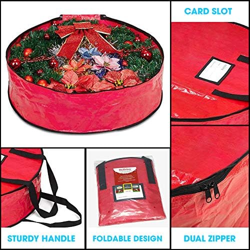ProPik Christmas Wreath Storage Bag - Heavy-Duty Tear Resistant Container with Handles | 24” x 8” (Red)